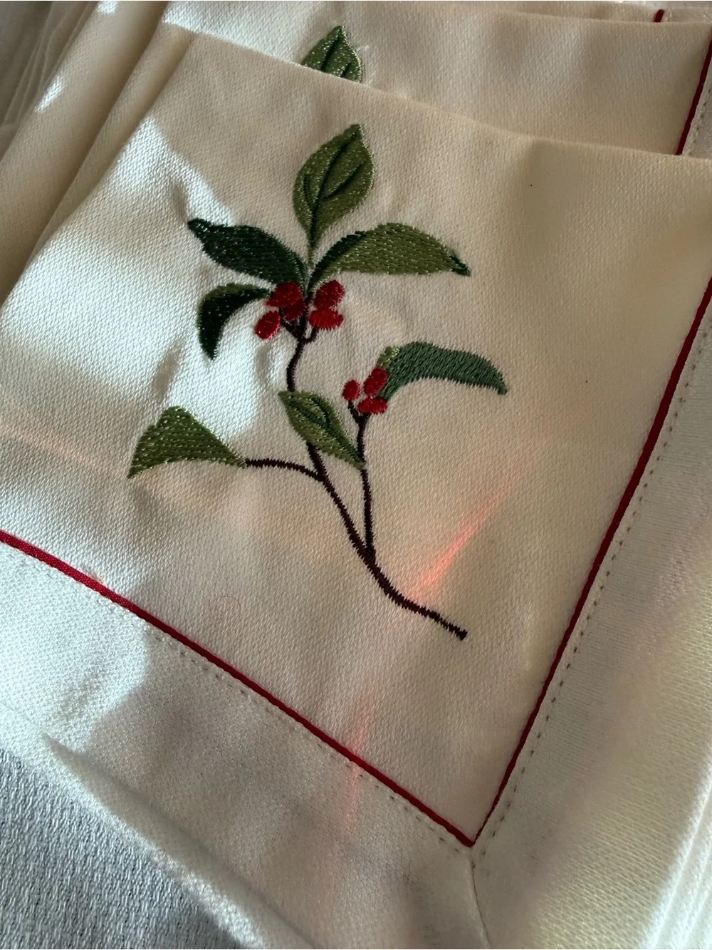 Crate&Barrel Christmas Cocktail Napkins with Green Leaf and Red Berry Embroidery